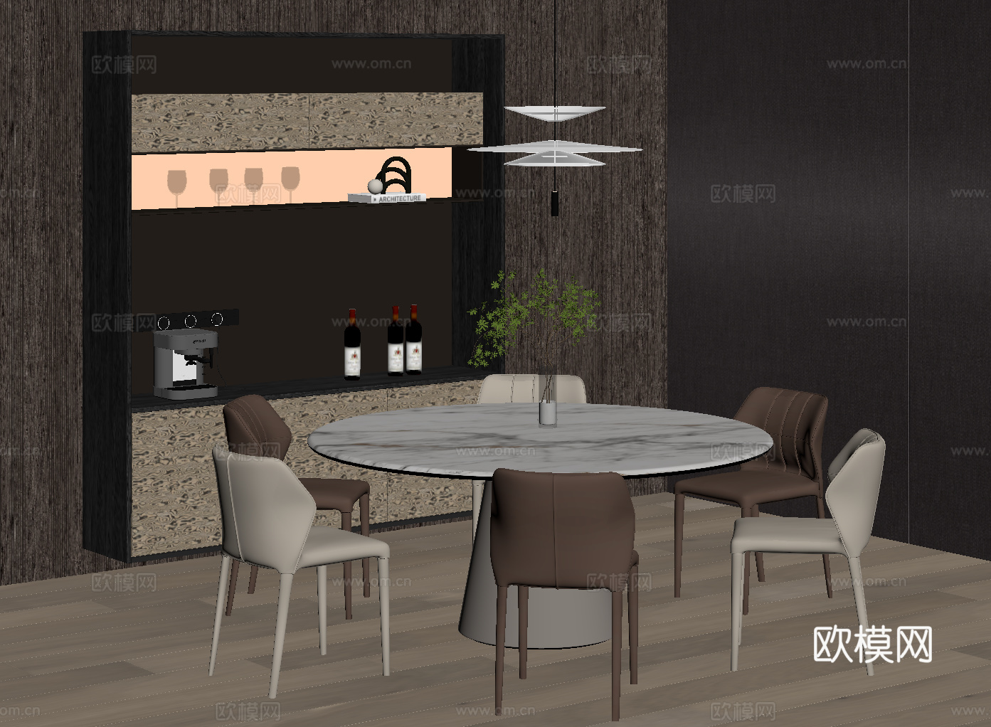 现代圆餐桌 酒架 酒柜 餐边柜su模型
