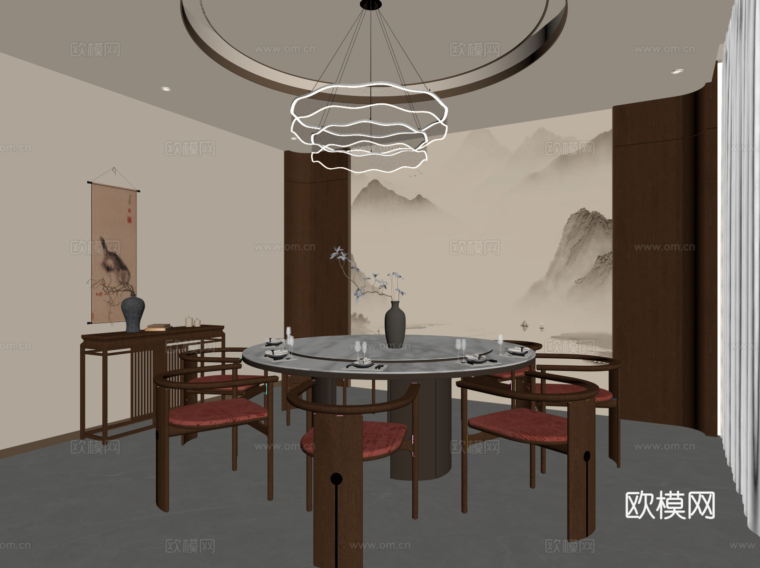 新中式包厢 包间 餐桌椅su模型