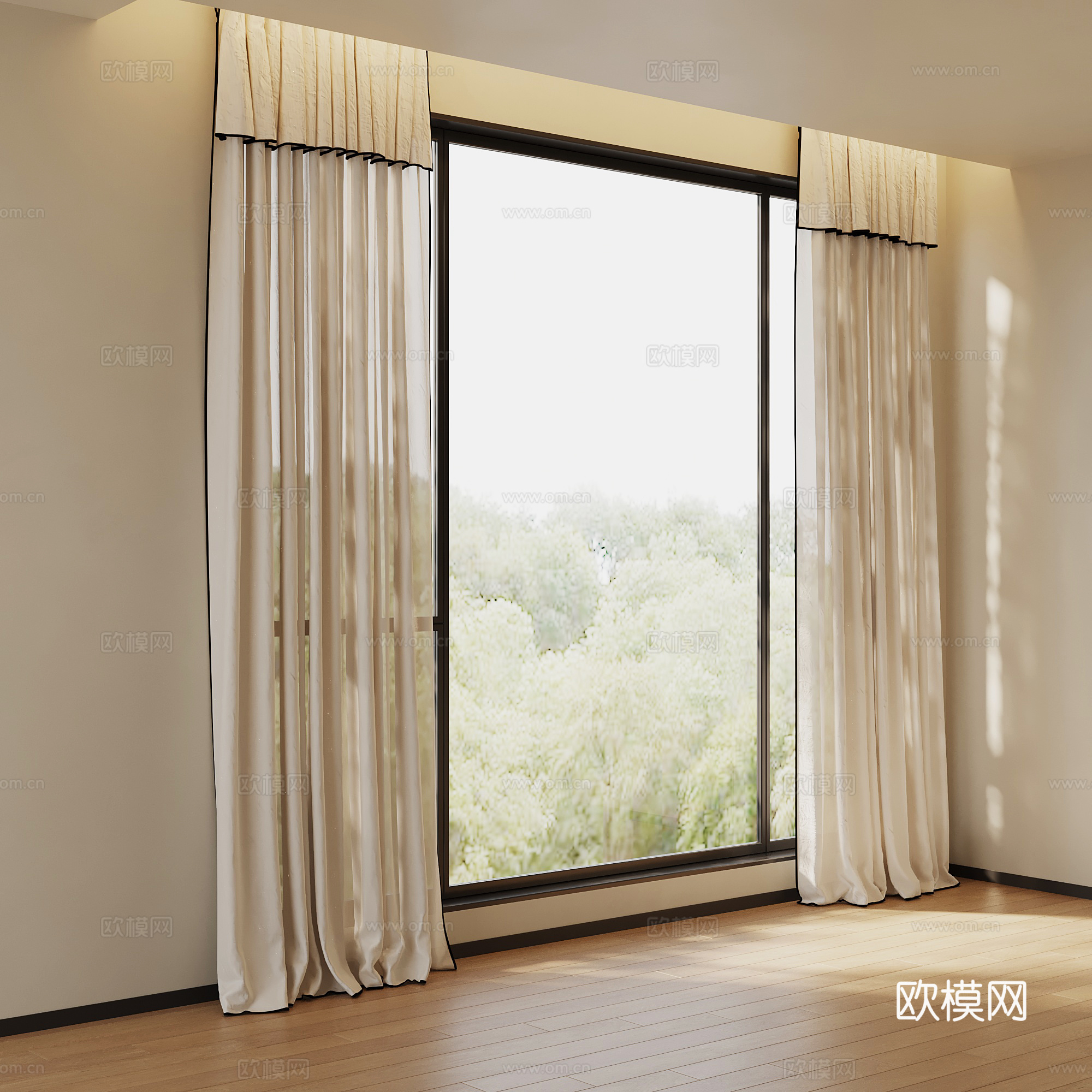 亚麻窗帘 奶油色棉麻窗帘 复古名宿纱帘 半遮光窗帘su模型