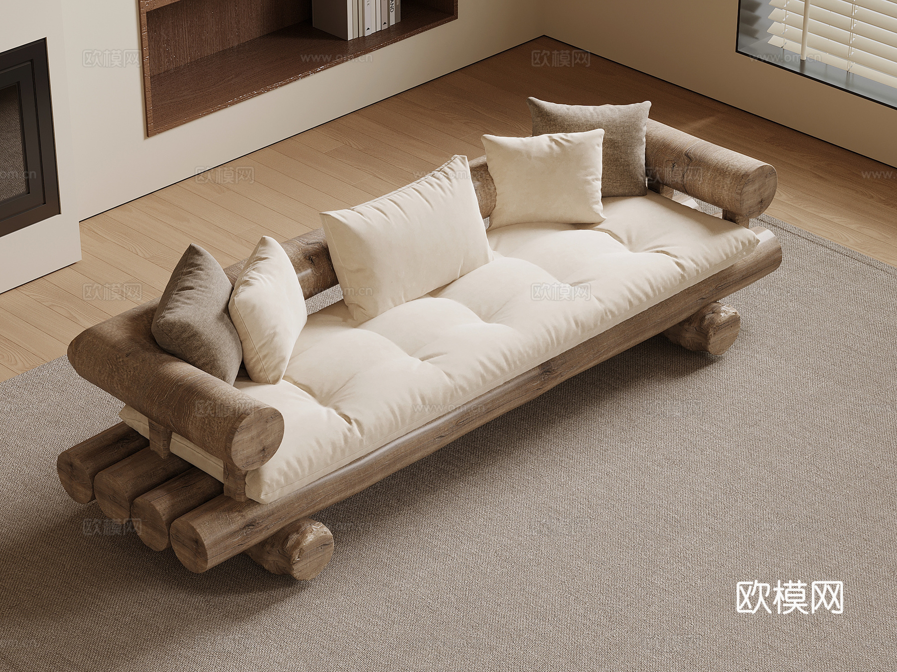 侘寂风原木沙发 多人沙发3d模型