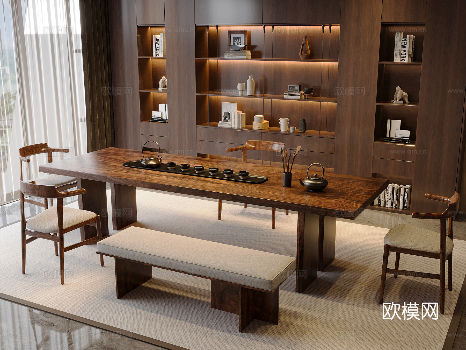 新中式 桌椅 茶桌椅 茶几 茶具3d模型下载（渲染图1）
