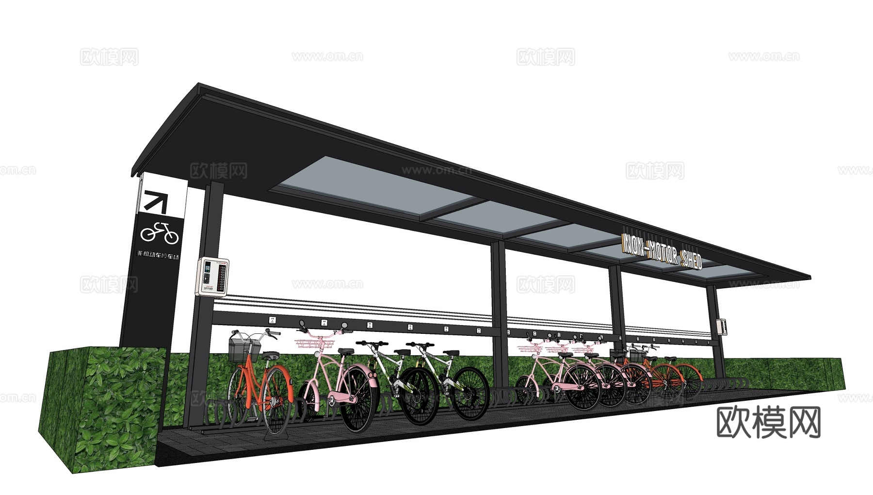 现代自行车棚 电动车棚 自行车廊架 非机动车棚su模型