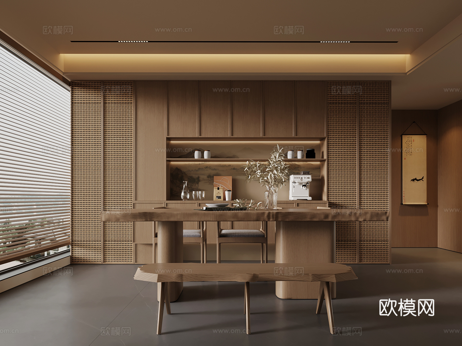 新中式餐厅 宋氏风酒柜 餐桌椅3d模型下载