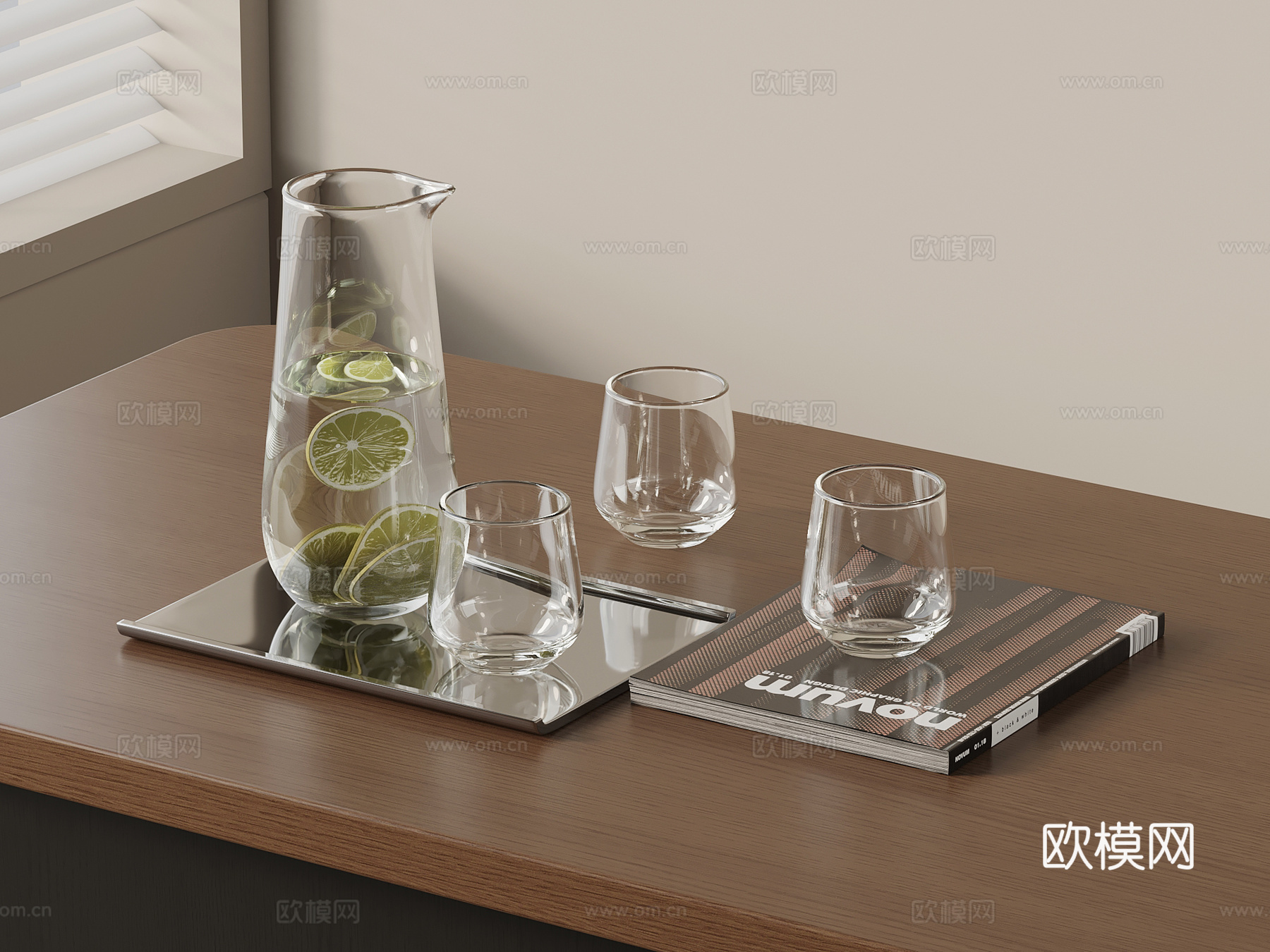 现代茶具摆件 水杯 杯子 玻璃水壶 茶几摆件 书籍3d模型