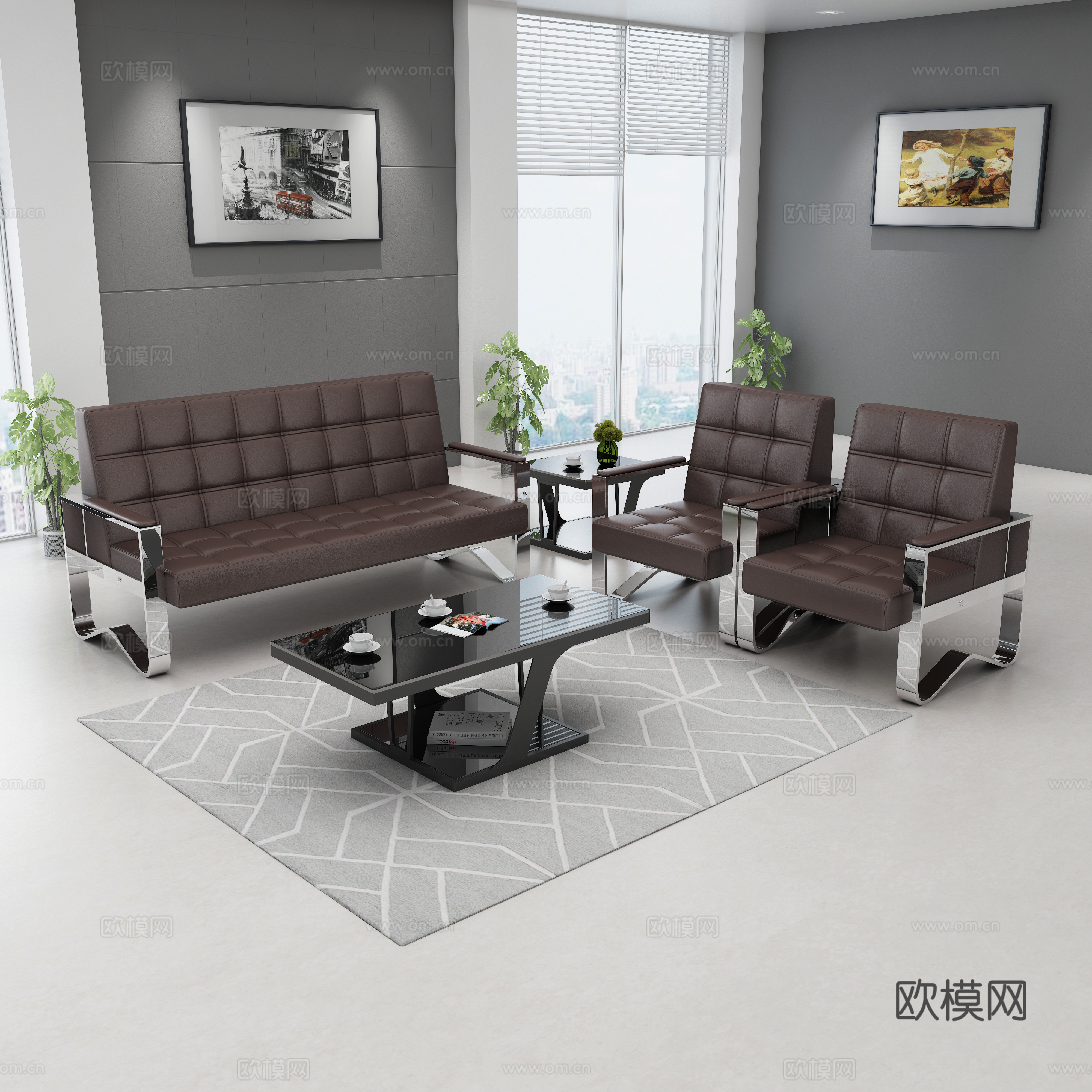 现代办公休闲沙发 沙发茶几组合 棕色鼓包皮沙发3d模型