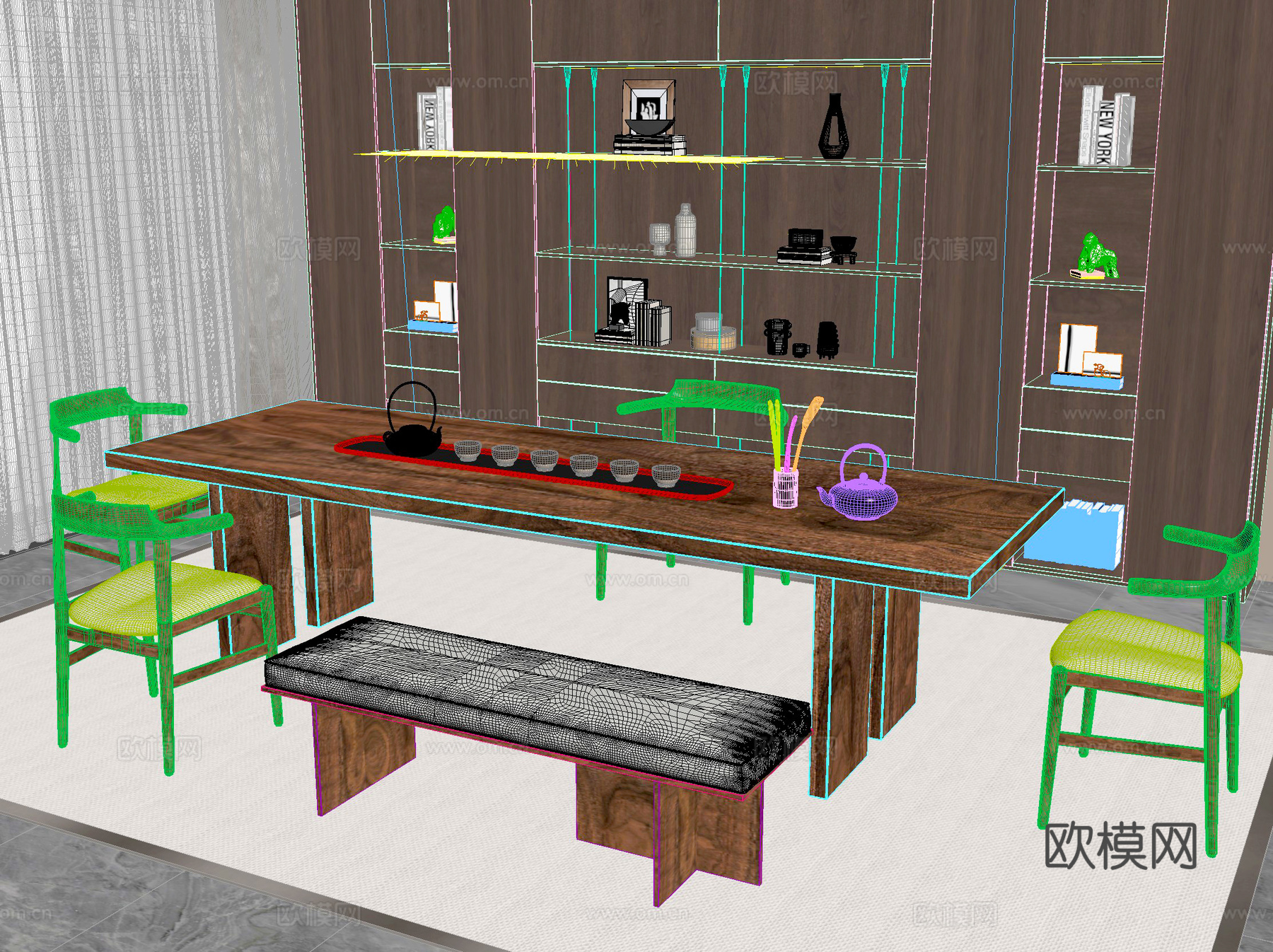 新中式 桌椅 茶桌椅 茶几 茶具3d模型下载（渲染图2）