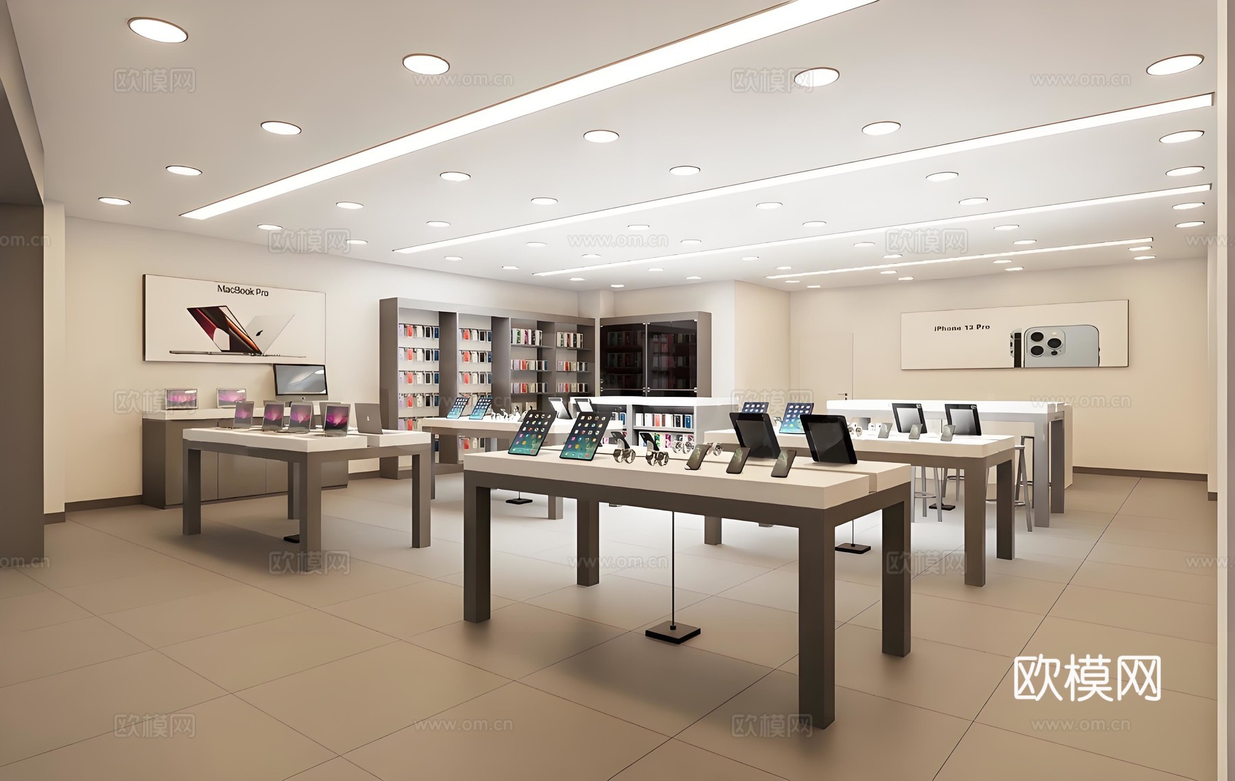 现代电子产品零售店 数码店手机店 苹果产品陈列 对称式展桌su模型