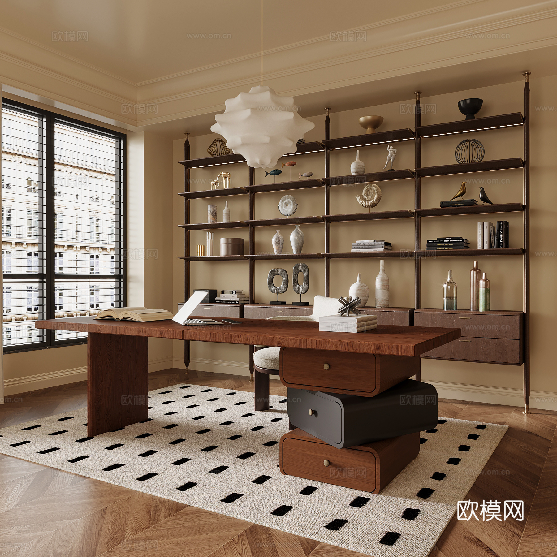 中古风书房 书桌椅 书柜 书架su模型