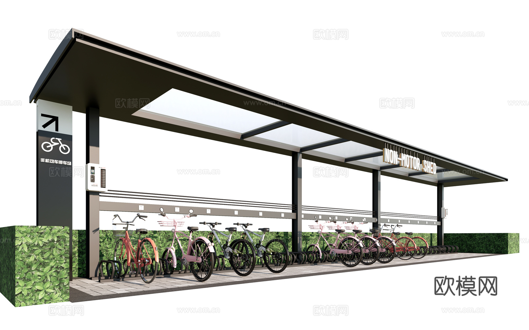 现代自行车棚 电动车棚 自行车廊架 非机动车棚su模型