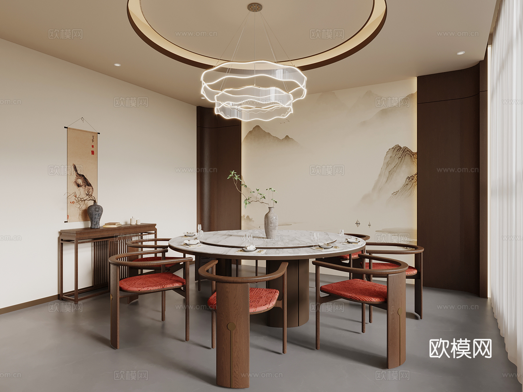新中式包厢 包间 餐桌椅su模型