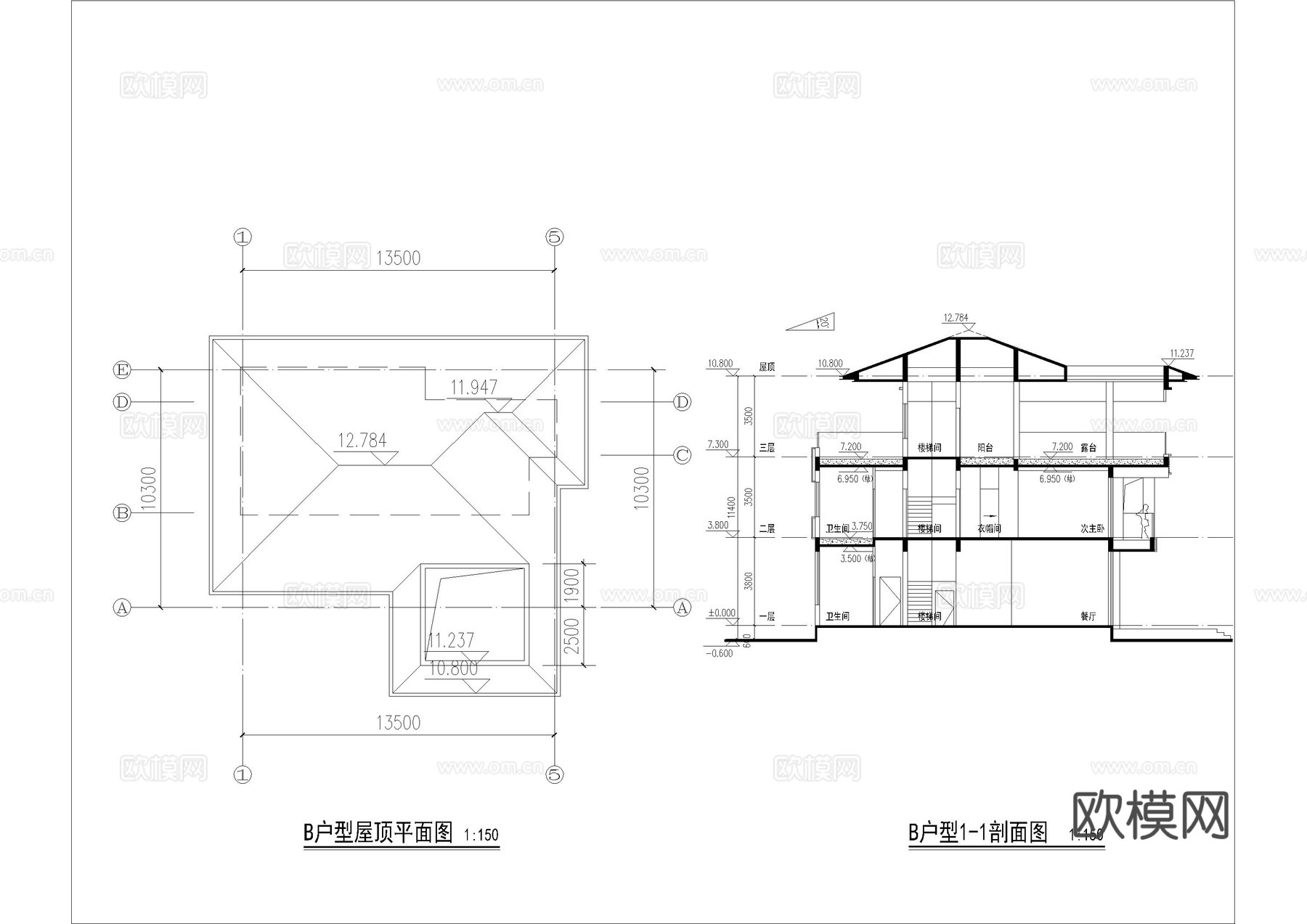 三层民宿别墅施工图cad施工图