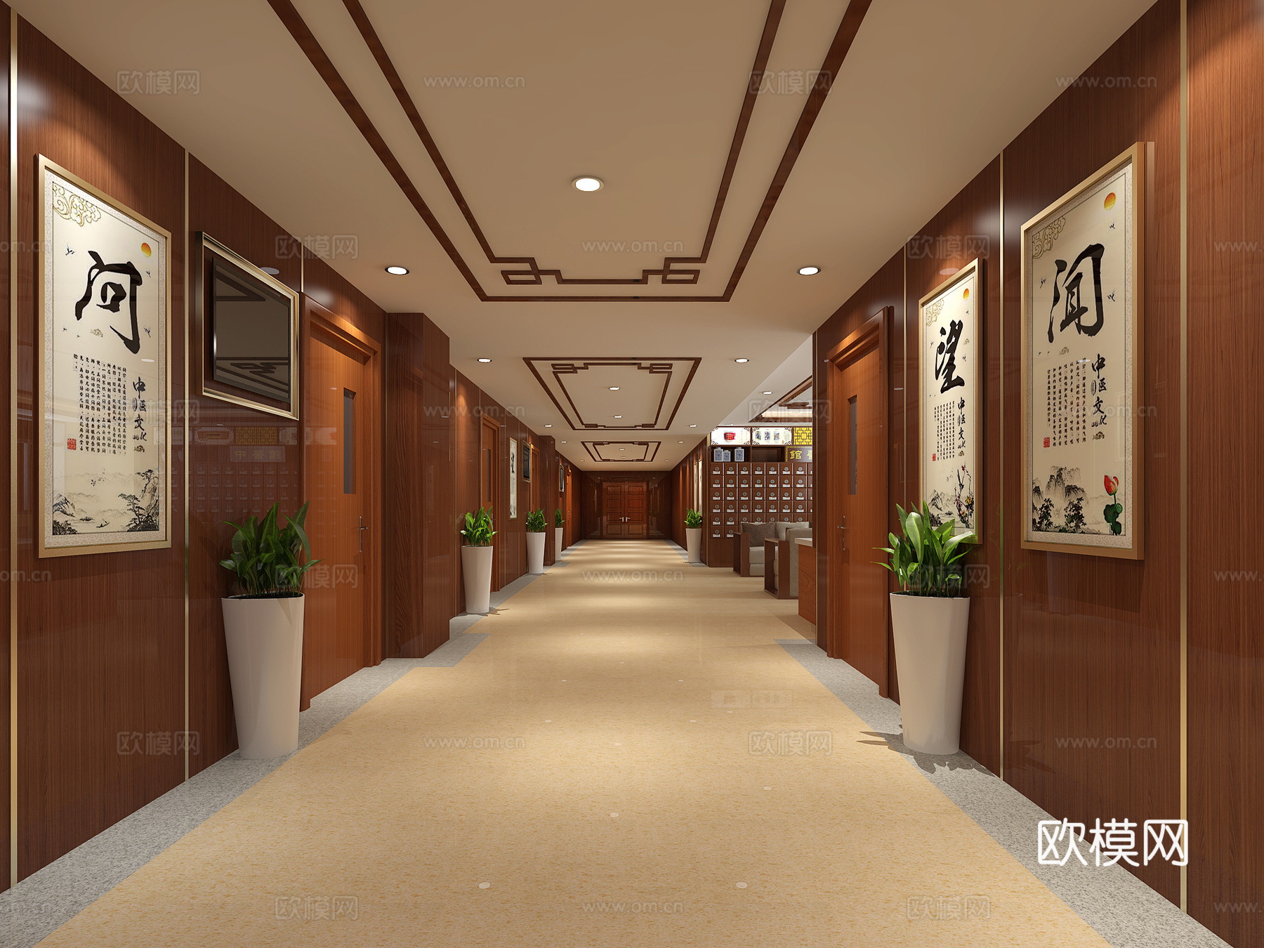 新中式中医院中医院走廊 中医院药柜 导诊台医院走廊 中式医院3d模型