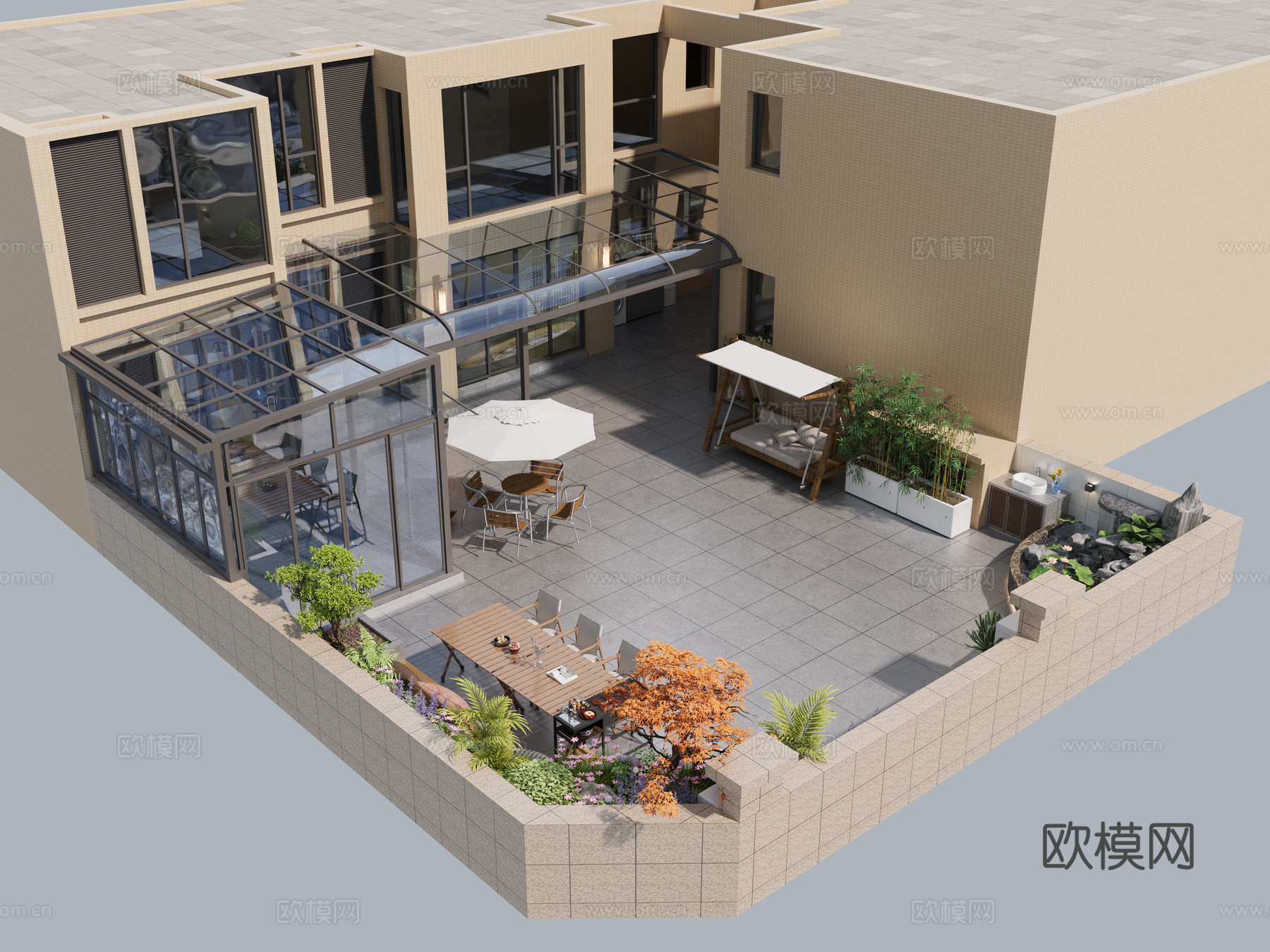 现代屋顶花园玻璃雨棚阳光房3d模型
