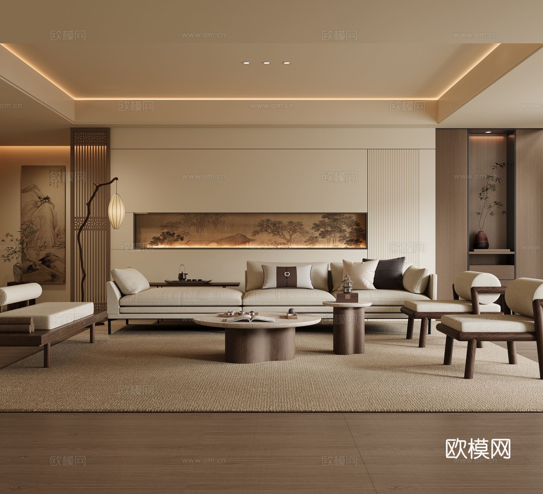 新中式客厅 沙发茶几组合 中式挂画 中式落地灯 中式休闲椅3d模型