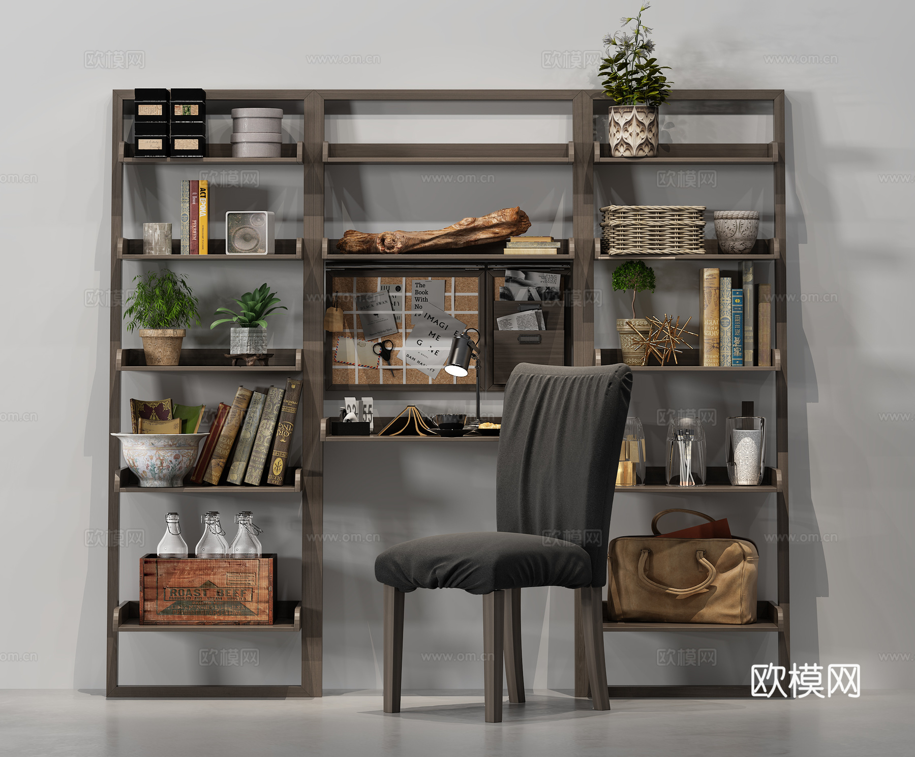 现代书柜装饰品椅子植物3d模型
