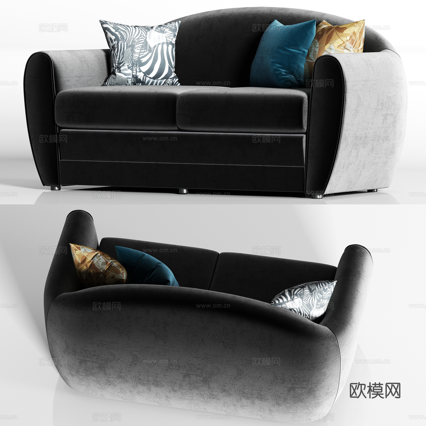 现代休闲灰绒双人沙发  枕头组合3d模型
