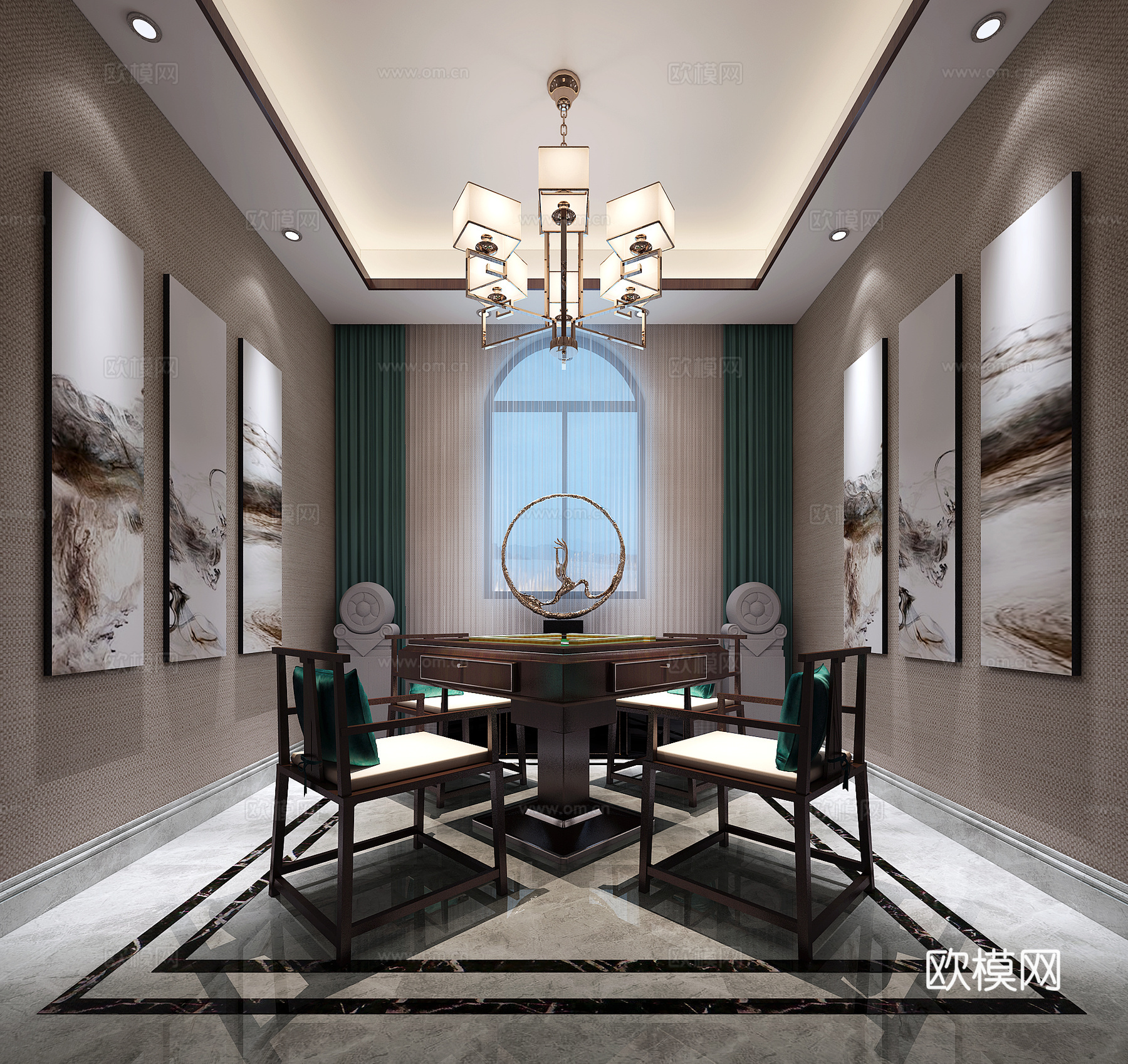 新中式麻将室 麻将桌 装饰画 吊灯3d模型下载