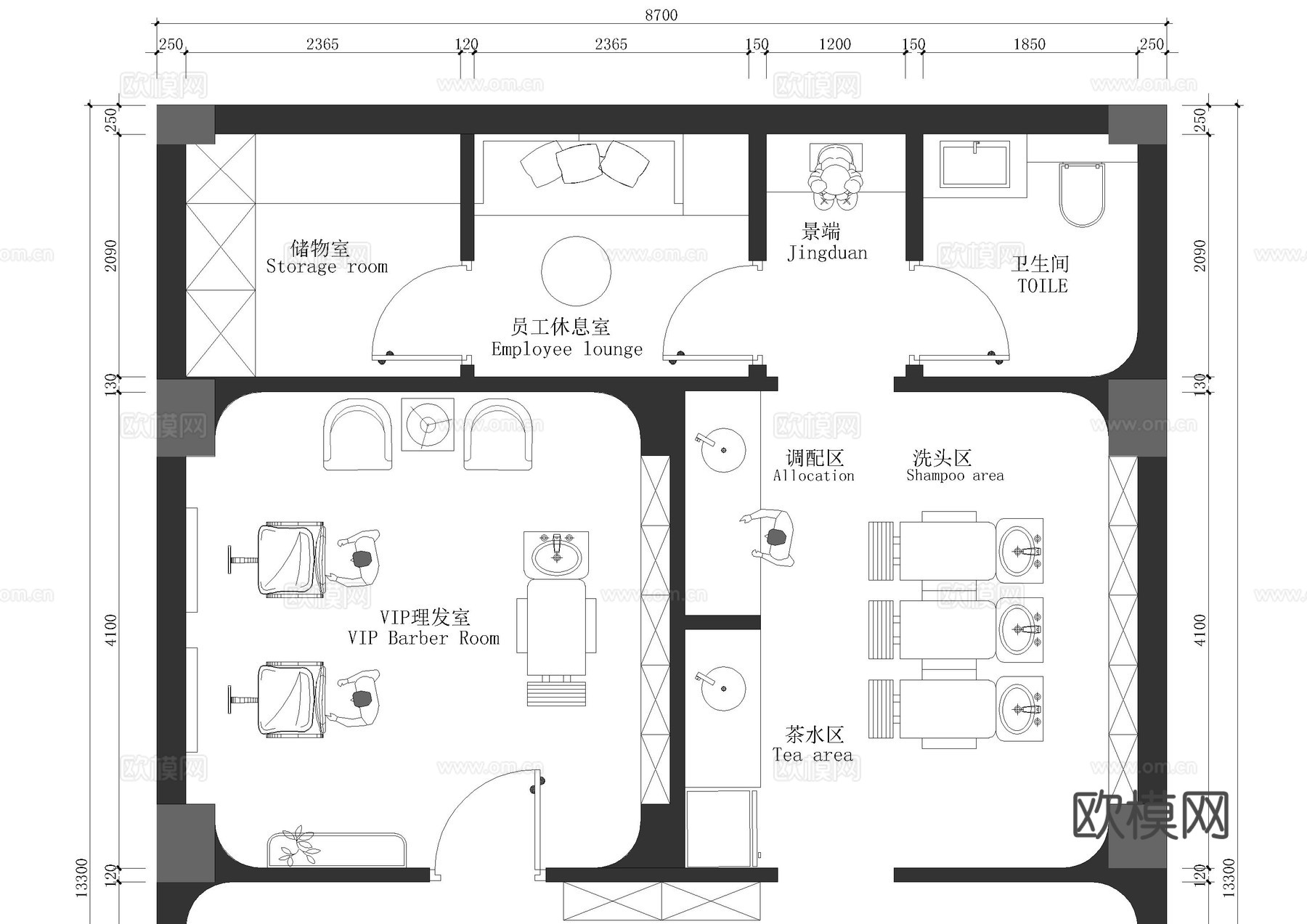 简约精致理发店布局图cad施工图