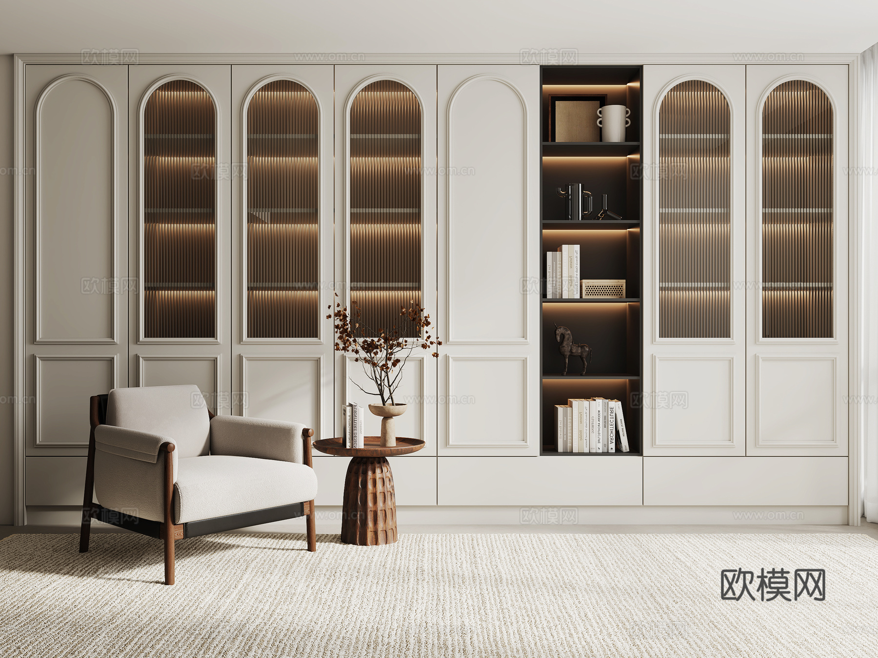简欧高柜 书柜 玻璃柜门 条纹玻璃 休闲椅 边几 花艺摆件3d模型下载