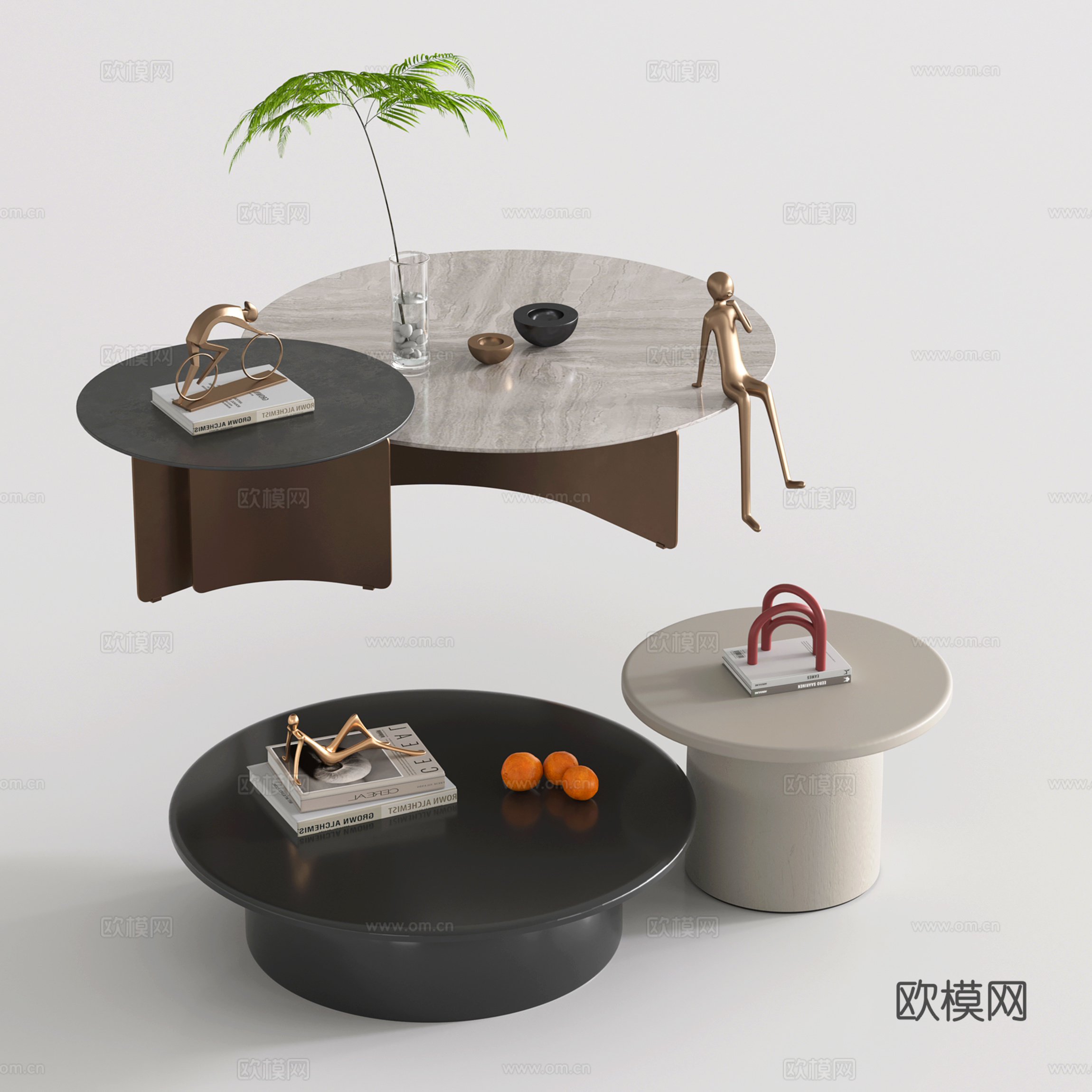 现代极简茶几组合 子母茶几 金属茶几 边几角几 圆形茶几su模型