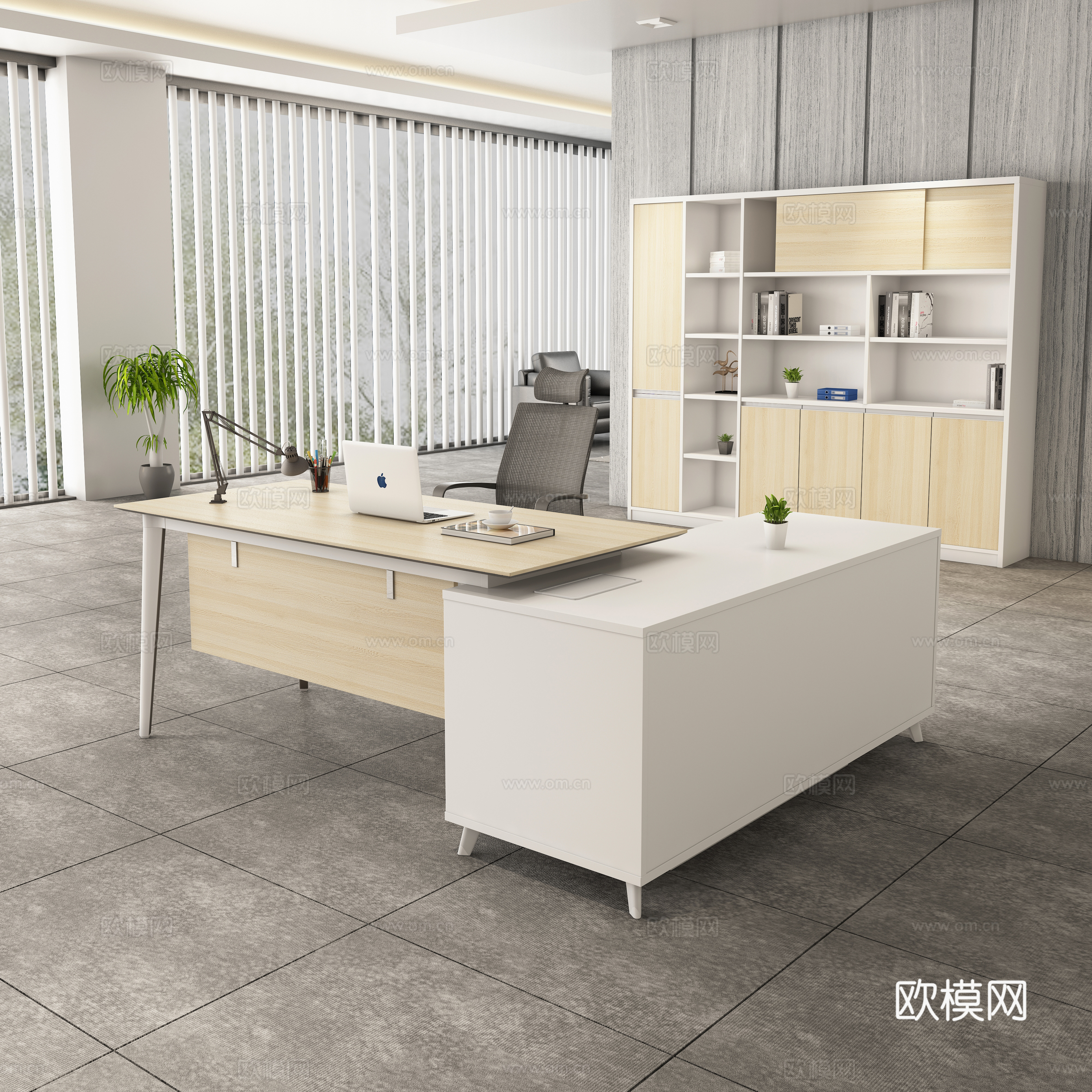现代办公室 经理室 主管室 浅色木纹老板桌 办公椅子 文件柜3d模型
