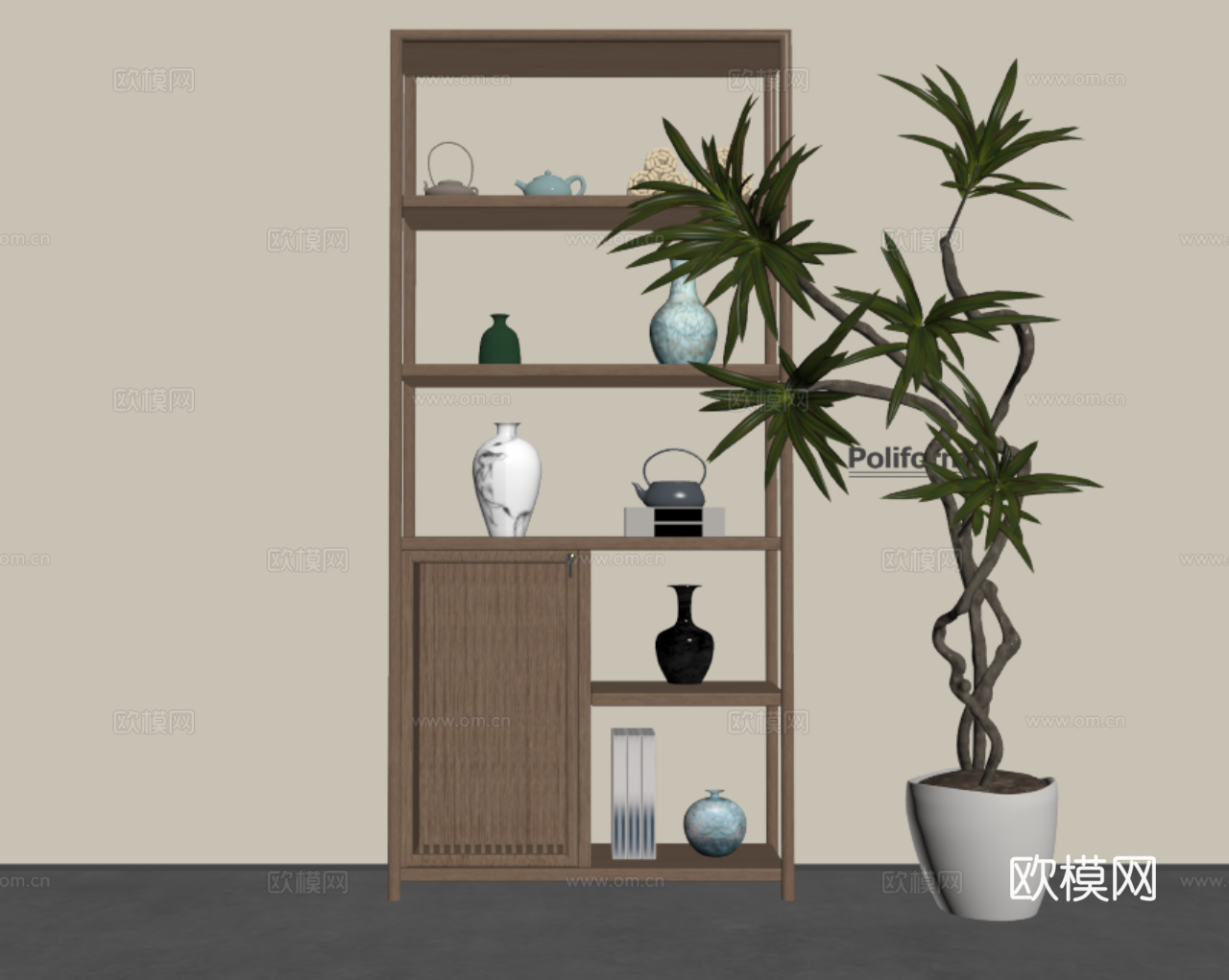 新中式茶柜 装饰架 阳台茶水柜 盆栽绿植su模型