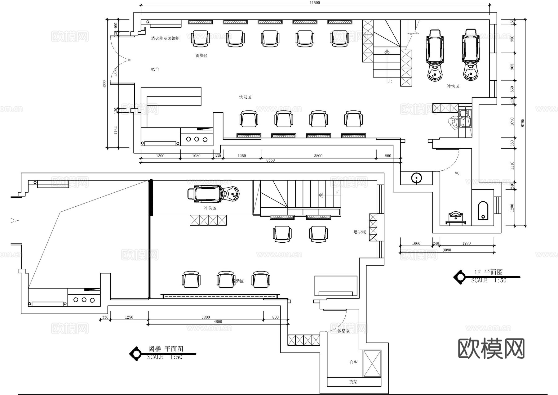 两层理发店施工图cad施工图
