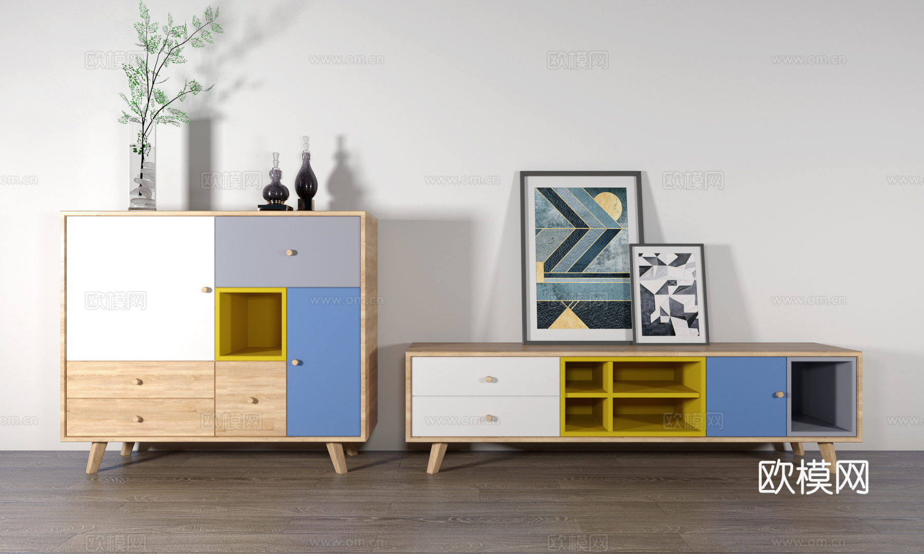 现代边柜电视柜组合3d模型下载