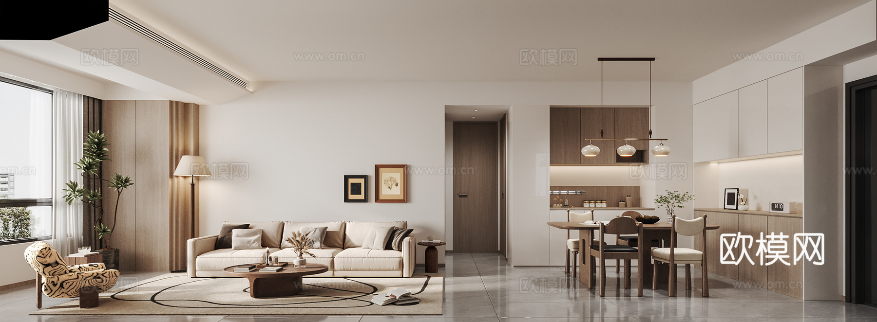 现代中古风客餐厅3d模型下载（渲染图2）