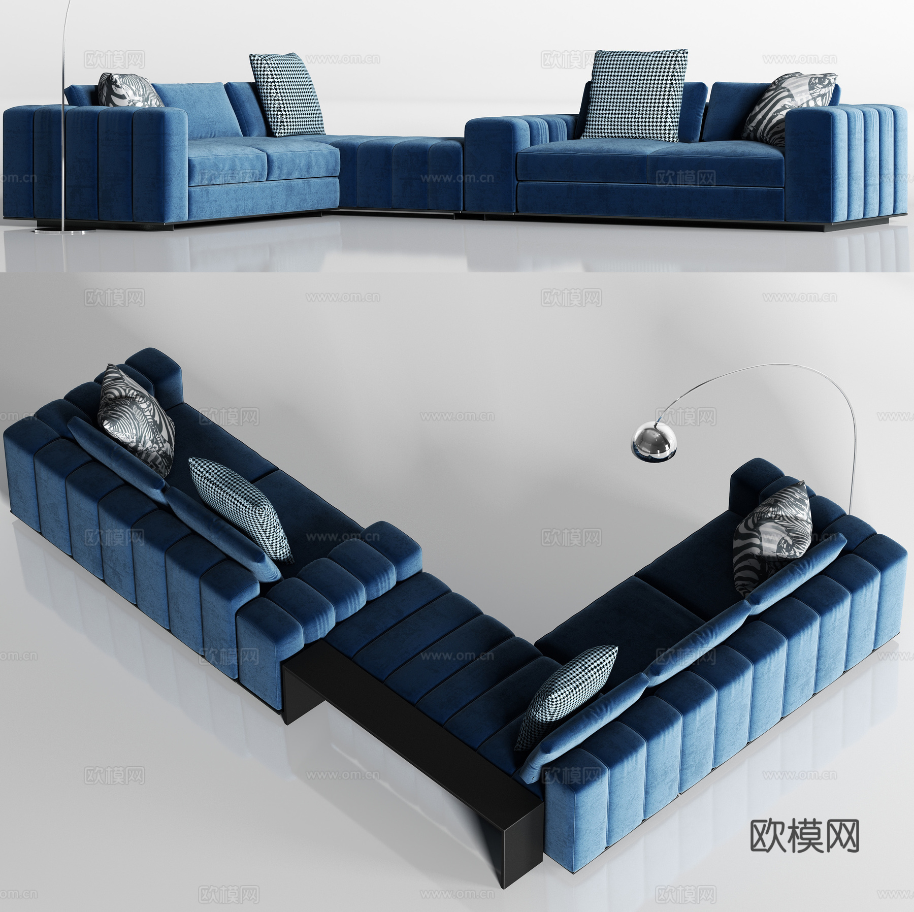 现代蓝色绒布转角多人沙发枕头组合3d模型