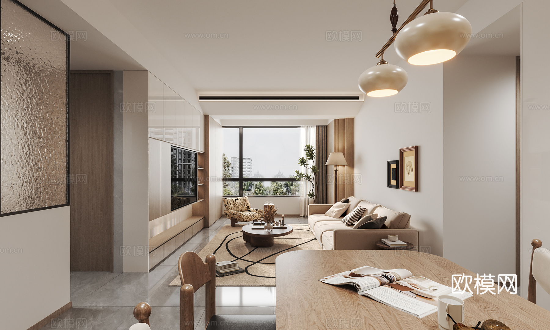 现代中古风客餐厅3d模型下载（渲染图1）