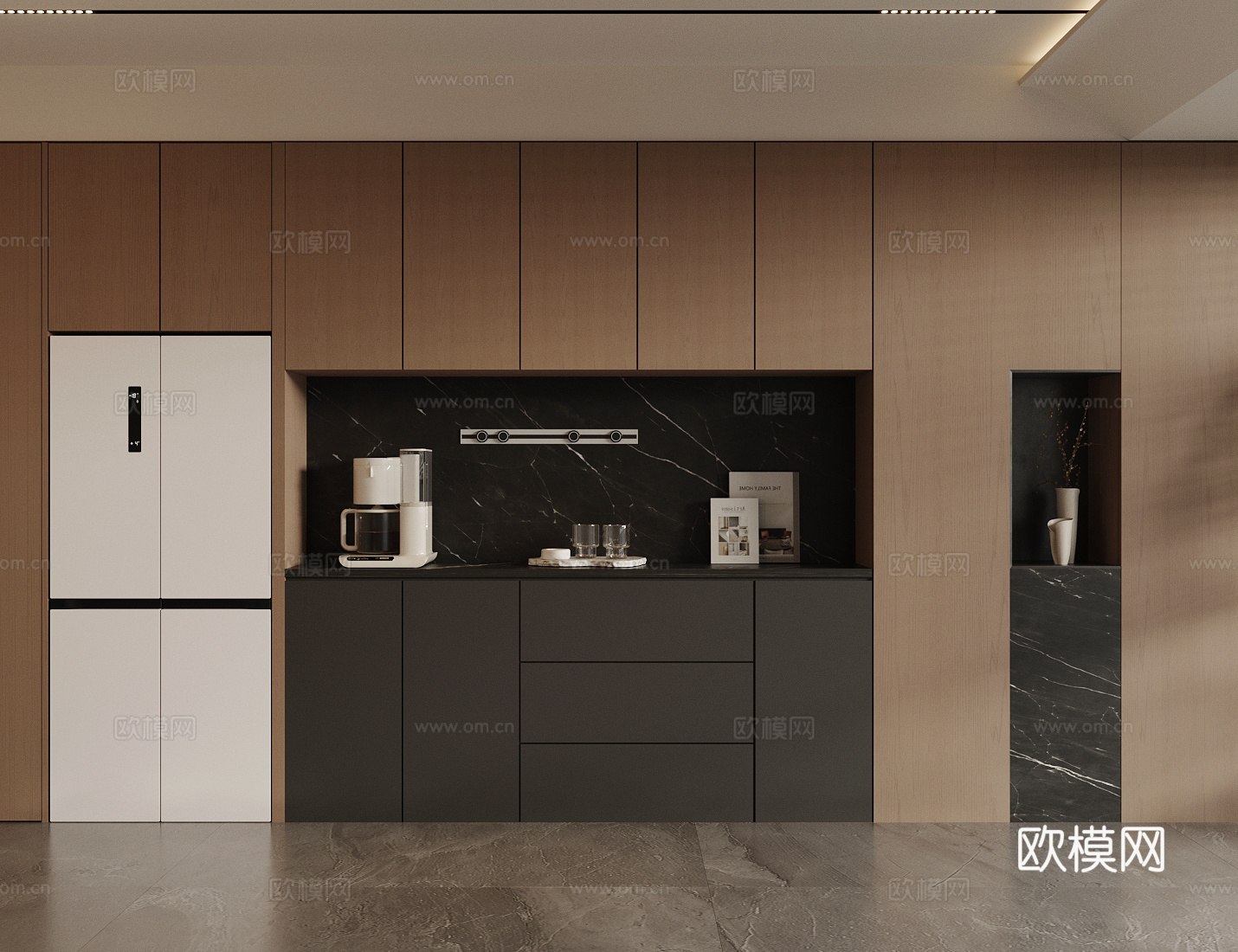 现代轻奢餐边柜 原木风餐边柜 餐边柜摆件 冰箱餐边柜 咖啡机3d模型