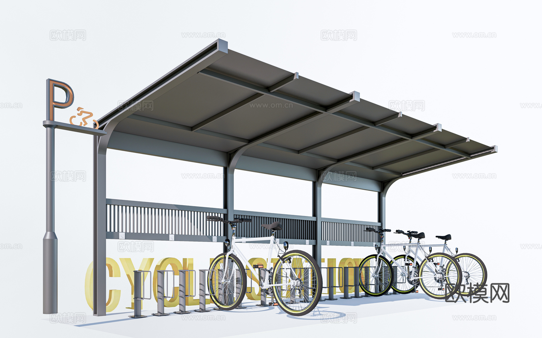 现代自行车棚 电动车棚 自行车廊架 非机动车棚su模型