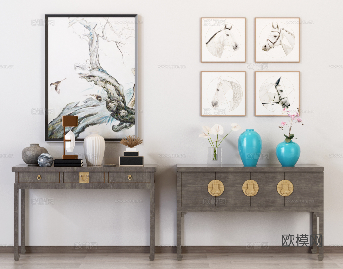新中式玄关柜 摆件 挂画 花瓶3d模型