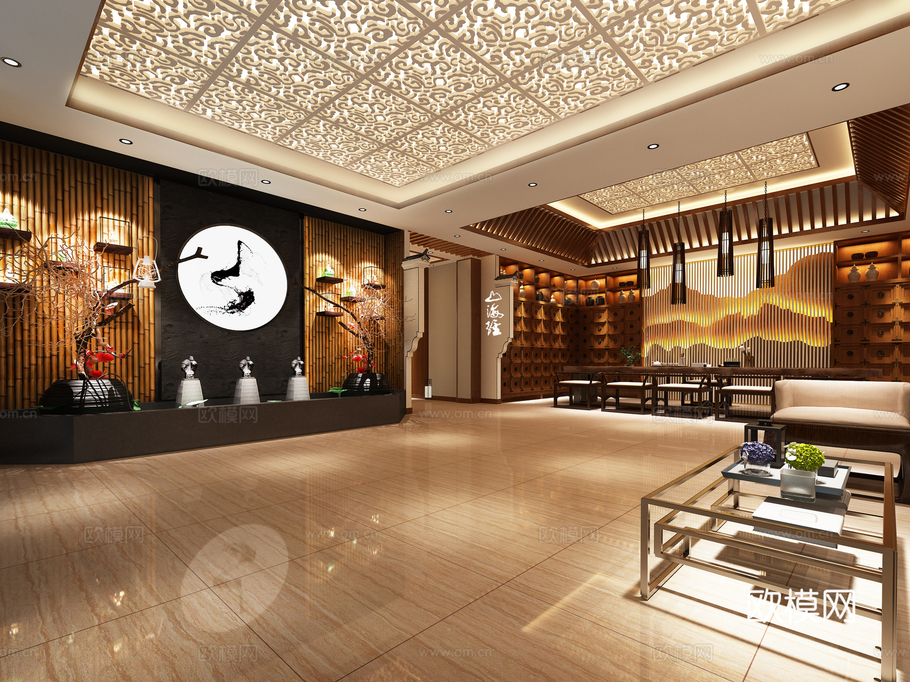 中式中医院大堂效果图3d模型下载（渲染图3）