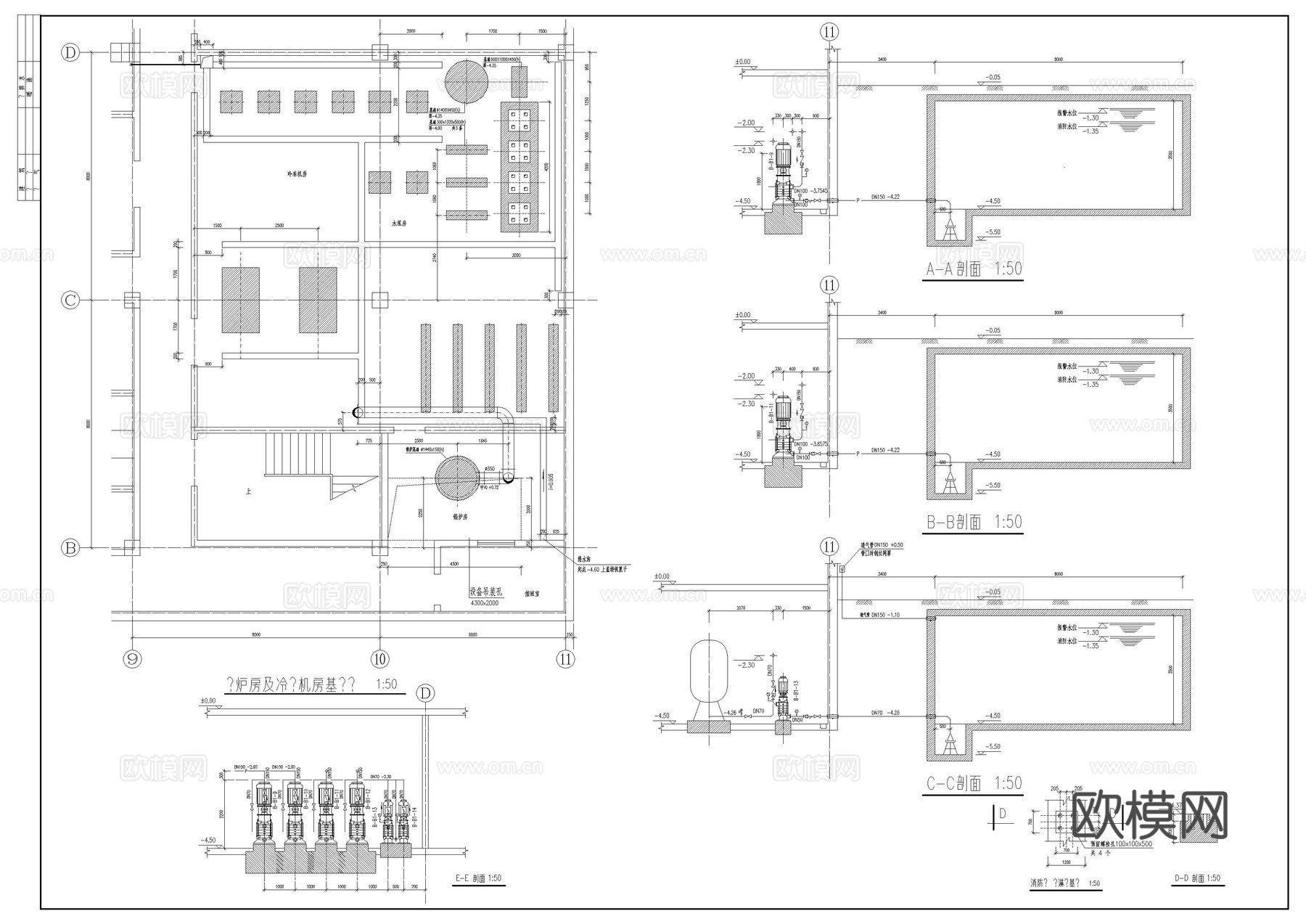 锅炉房及冷冻房施工图cad施工图