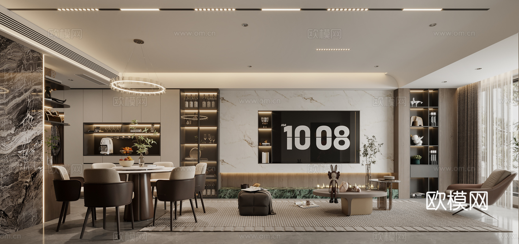 现代意式客餐厅 沙发组合 餐桌椅组合 吊灯3d模型