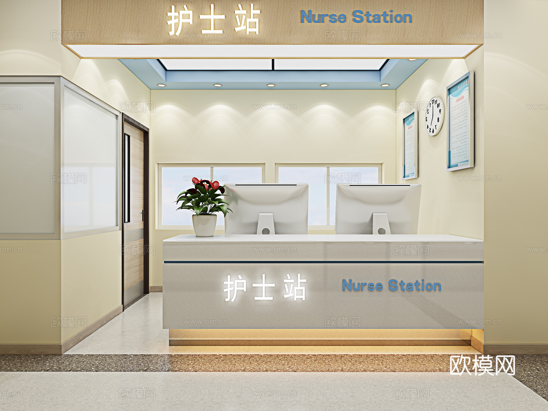 现代医院护士站 病房 走廊 婴儿车 病床3d模型