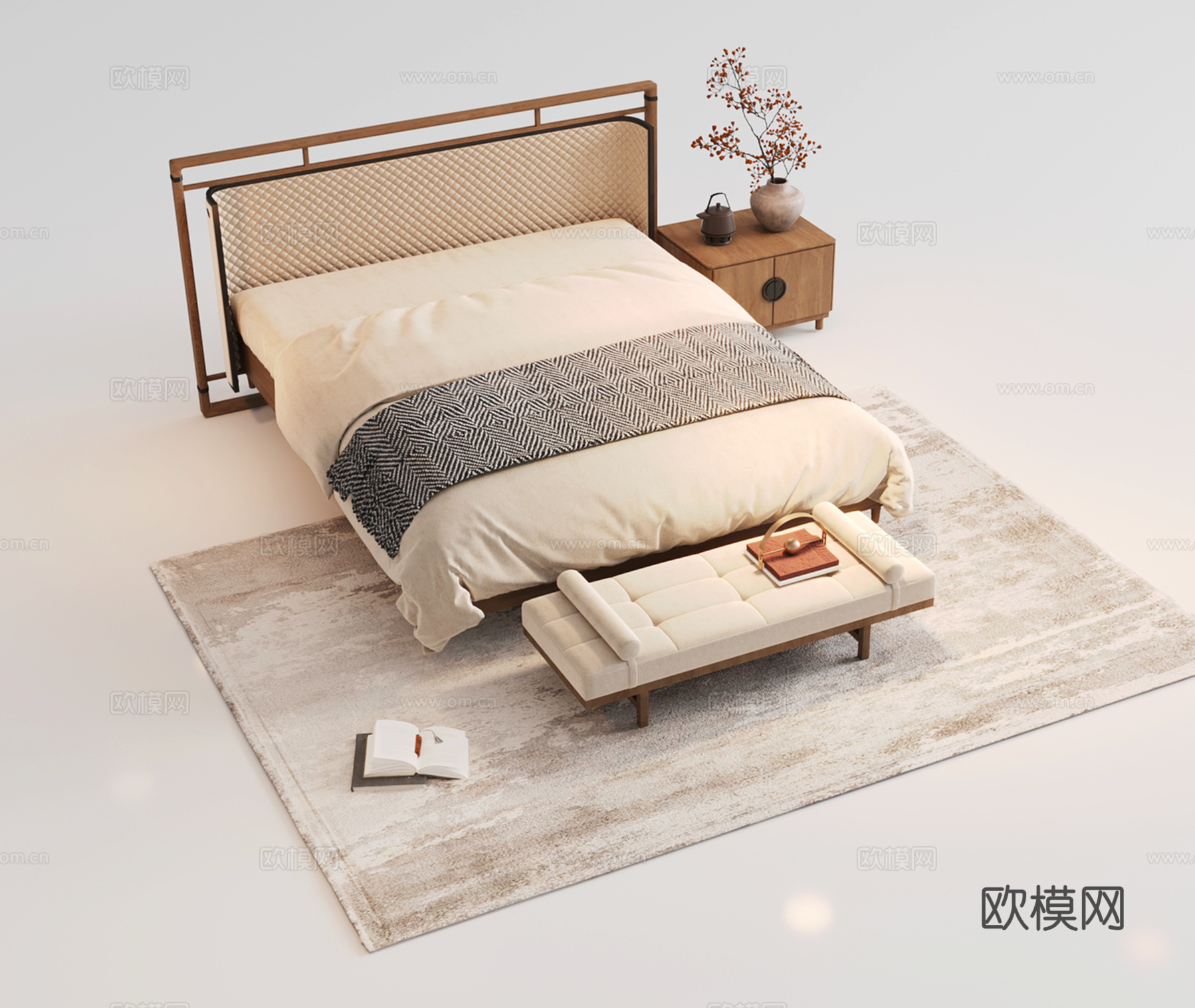 中式双人床 床头柜 布艺双人床 宋式床 贵妃榻 脚踏su模型