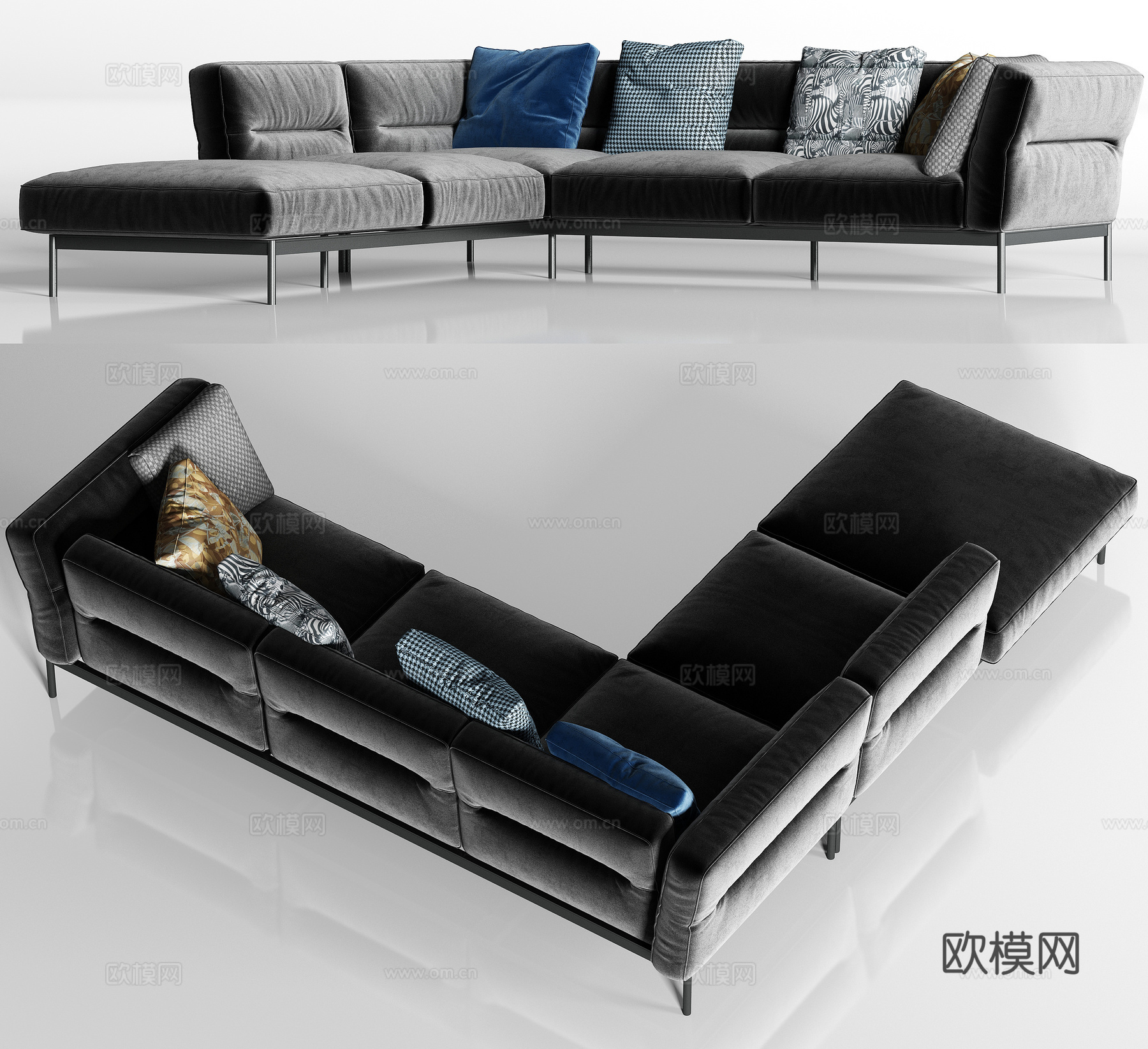 现代灰绒转角多人沙发枕头组合3d模型