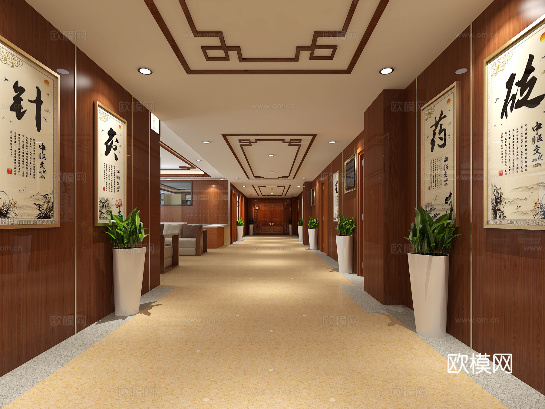 新中式中医院中医院走廊 中医院药柜 导诊台医院走廊 中式医院3d模型
