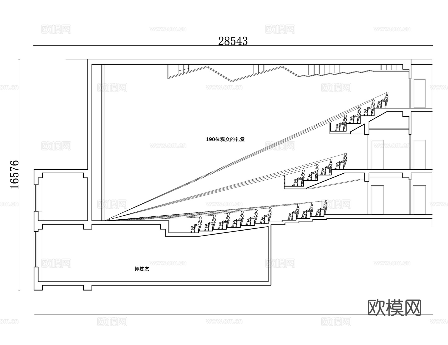 文化礼堂横截面 礼堂截面图 文化厅横截面 礼堂内部结构图 文cad施工图