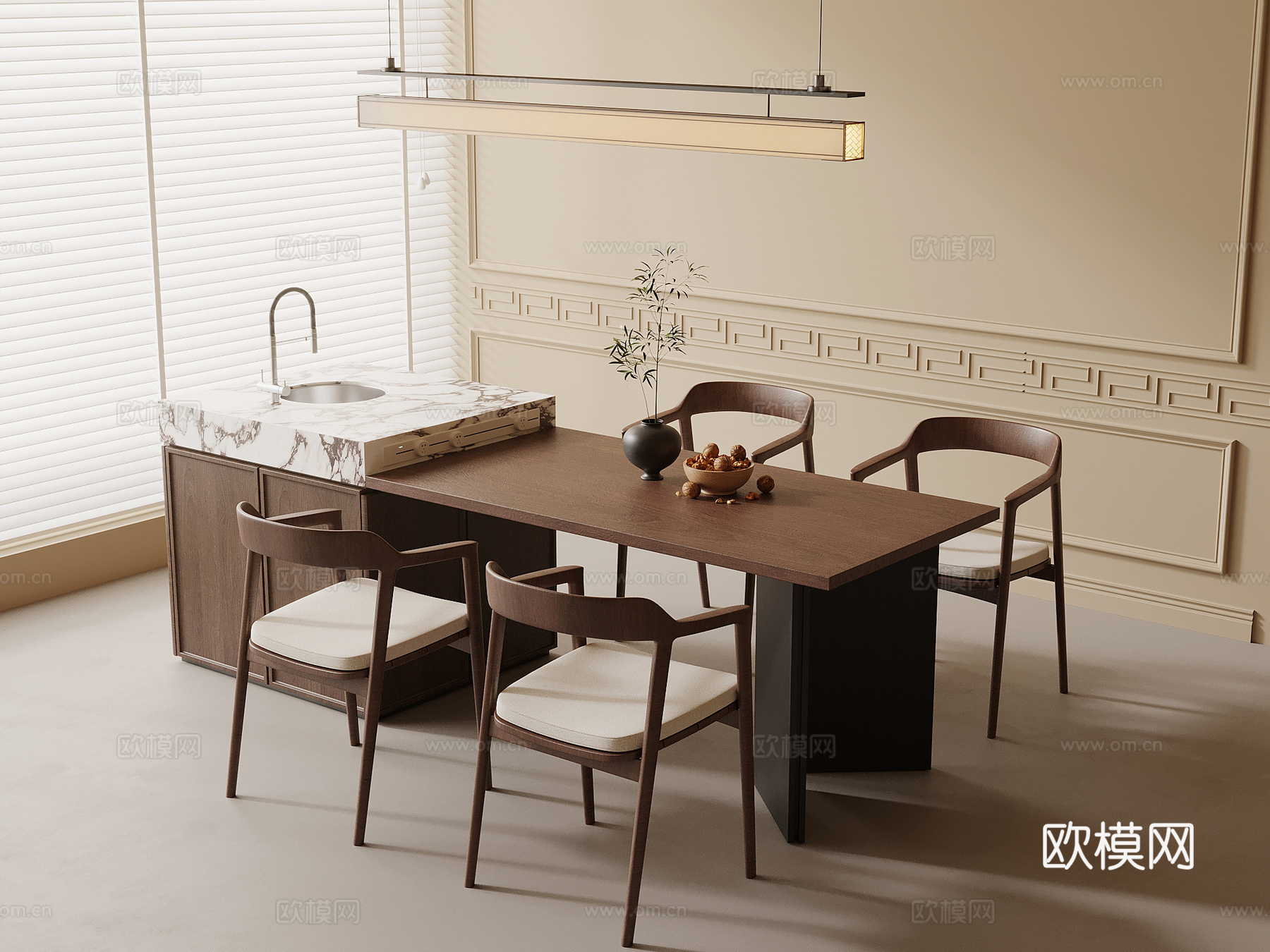 中古风岛台 吧台 餐桌椅3d模型下载