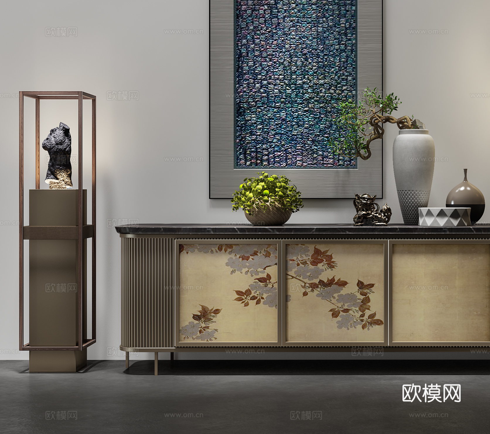 新中式装饰柜装饰摆件吊灯休闲椅装饰品画3d模型