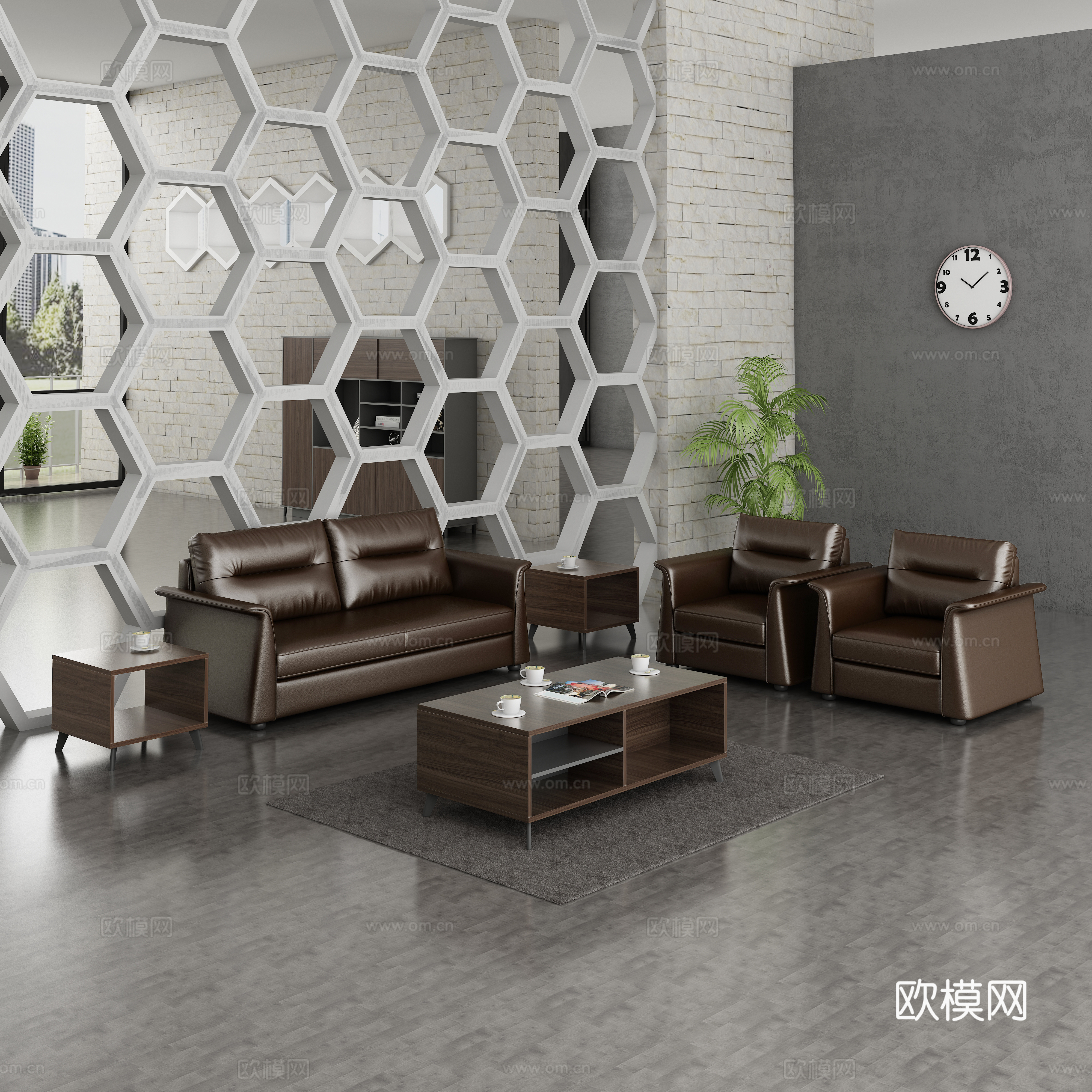 现代办公休闲沙发 沙发茶几组合 棕色皮沙发3d模型