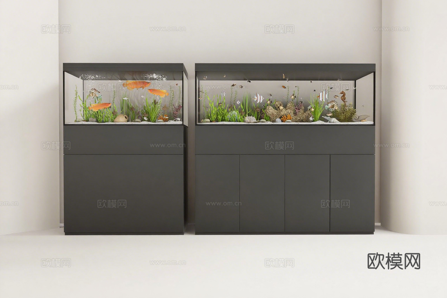 现代室内造景水族箱 鱼缸 生态鱼群 智能灯光 简约柜体su模型
