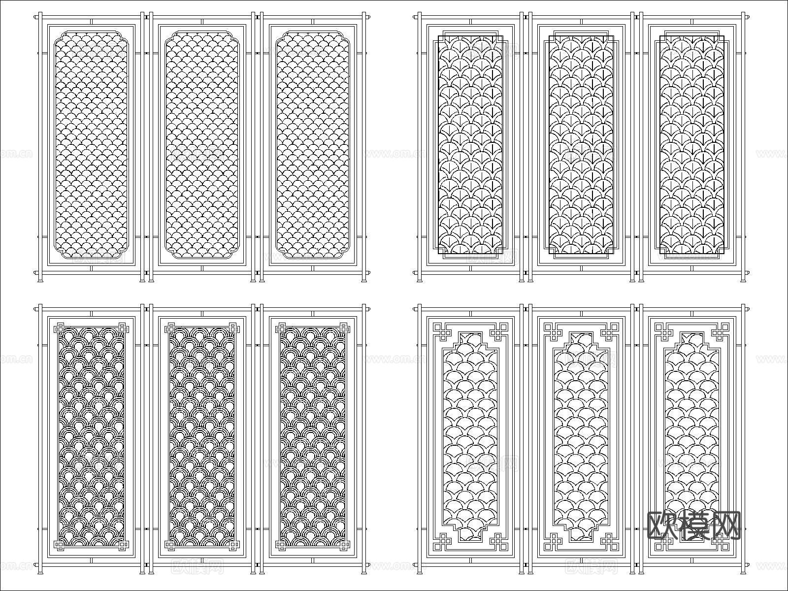 新中式鱼鳞纹镂空屏风cad施工图