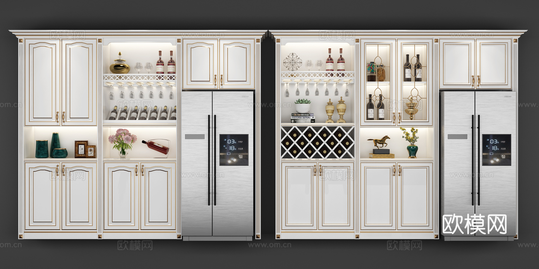 简欧   欧式酒柜冰箱摆件组合3d模型
