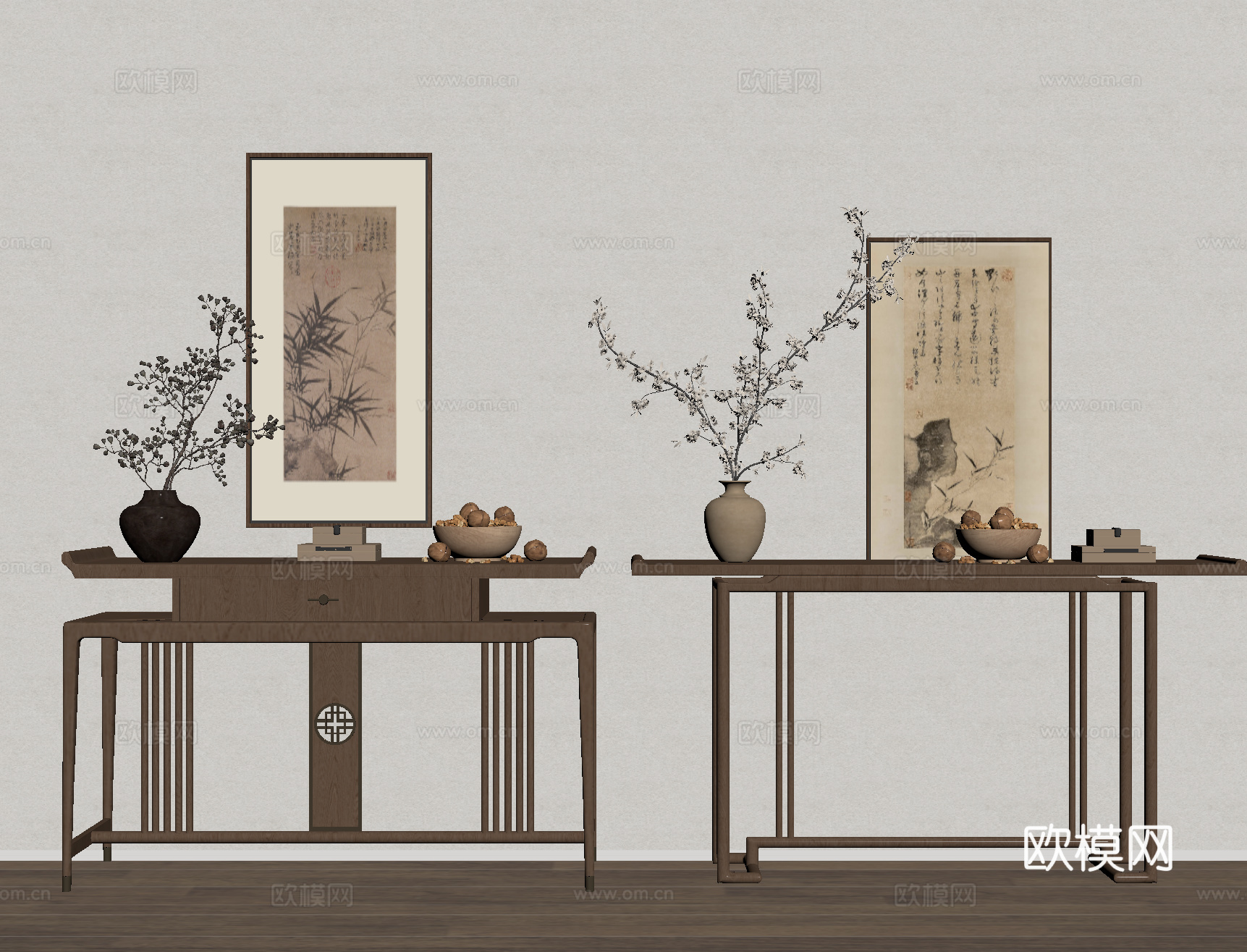 新中式条案 端景柜 装饰画 摆件su模型