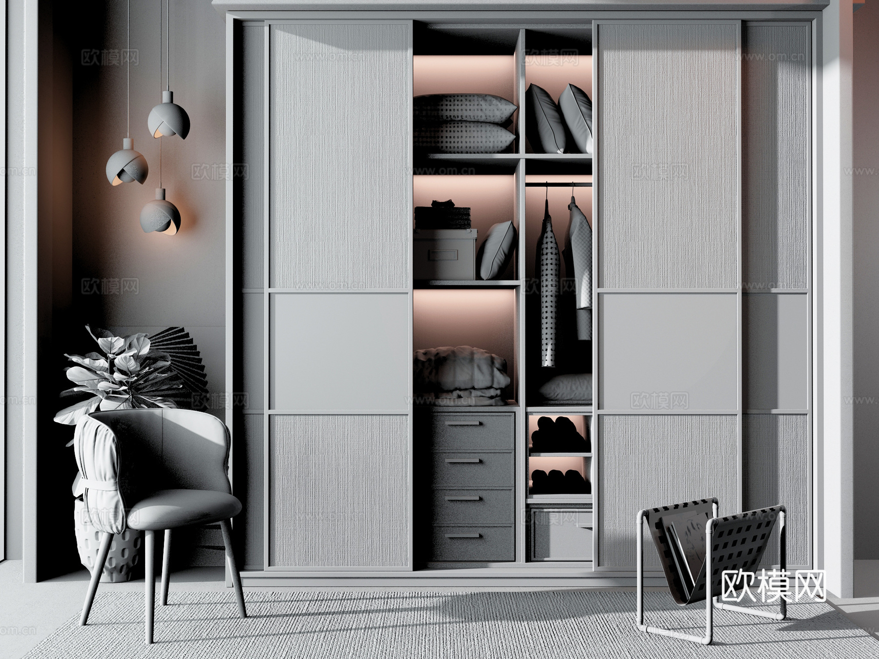 现代 衣柜 单椅 吊灯 盆栽 小书架 组合3d模型下载（渲染图2）